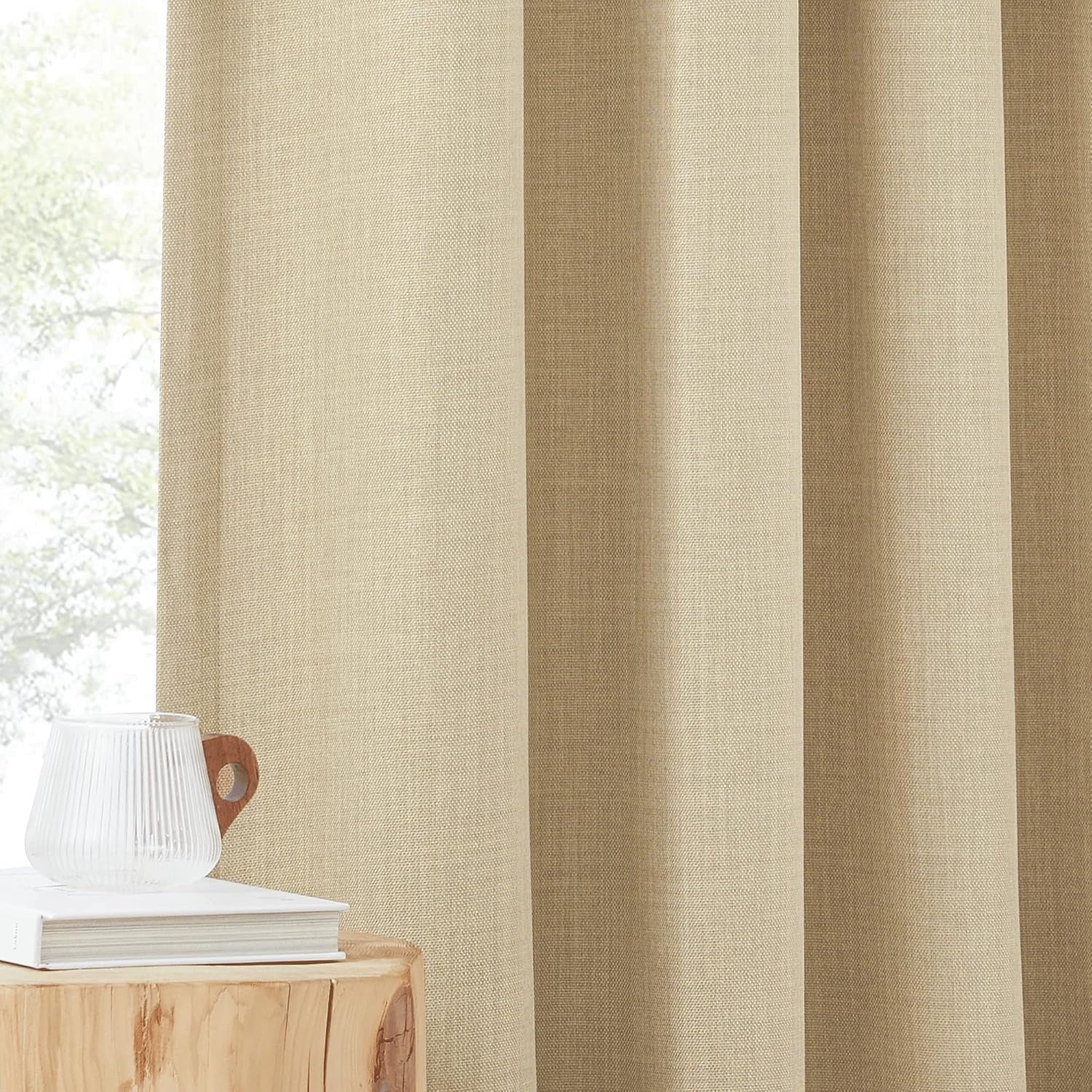 image:imageNICETOWN 2 Panels Faux Linen 100 Blackout Curtains for Living Room Rod PocketBack TabHook Belt Room Darkening Window Treatment with Liner Thermal Curtains for Bedroom Natural W50 x L96Hook Belt Oatmeal