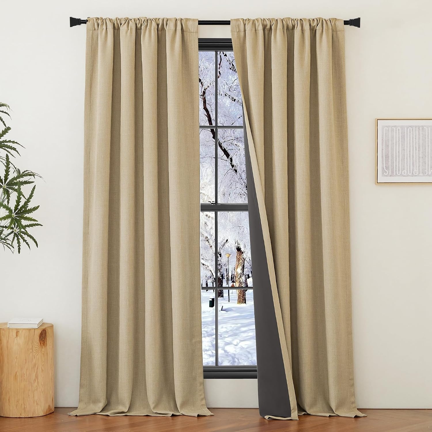 image:imageNICETOWN 2 Panels Faux Linen 100 Blackout Curtains for Living Room Rod PocketBack TabHook Belt Room Darkening Window Treatment with Liner Thermal Curtains for Bedroom Natural W50 x L96100 Blackout Oatmeal
