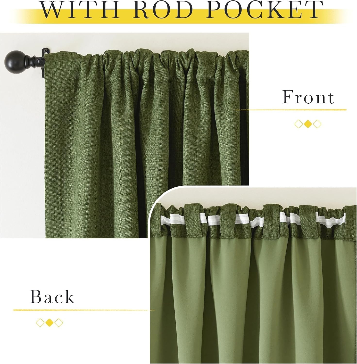 image:imageNICETOWN 2 Panels Faux Linen 100 Blackout Curtains for Living Room Rod PocketBack TabHook Belt Room Darkening Window Treatment with Liner Thermal Curtains for Bedroom Natural W50 x L96Forest Green