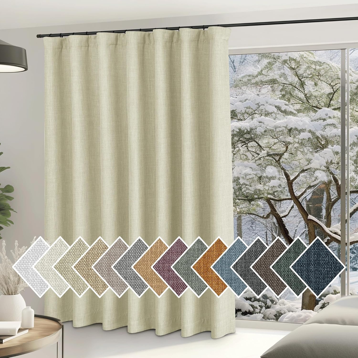 image:imageNICETOWN 2 Panels Faux Linen 100 Blackout Curtains for Living Room Rod PocketBack TabHook Belt Room Darkening Window Treatment with Liner Thermal Curtains for Bedroom Natural W50 x L96Beige