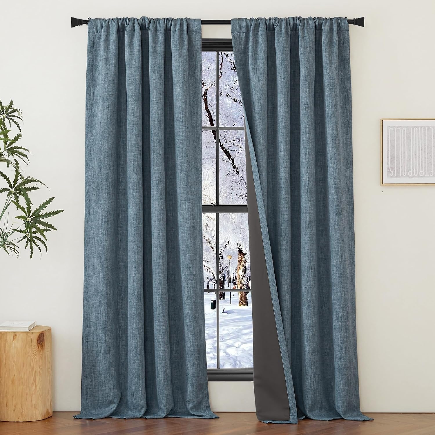 image:imageNICETOWN 2 Panels Faux Linen 100 Blackout Curtains for Living Room Rod PocketBack TabHook Belt Room Darkening Window Treatment with Liner Thermal Curtains for Bedroom Natural W50 x L96100 Blackout Mist Blue