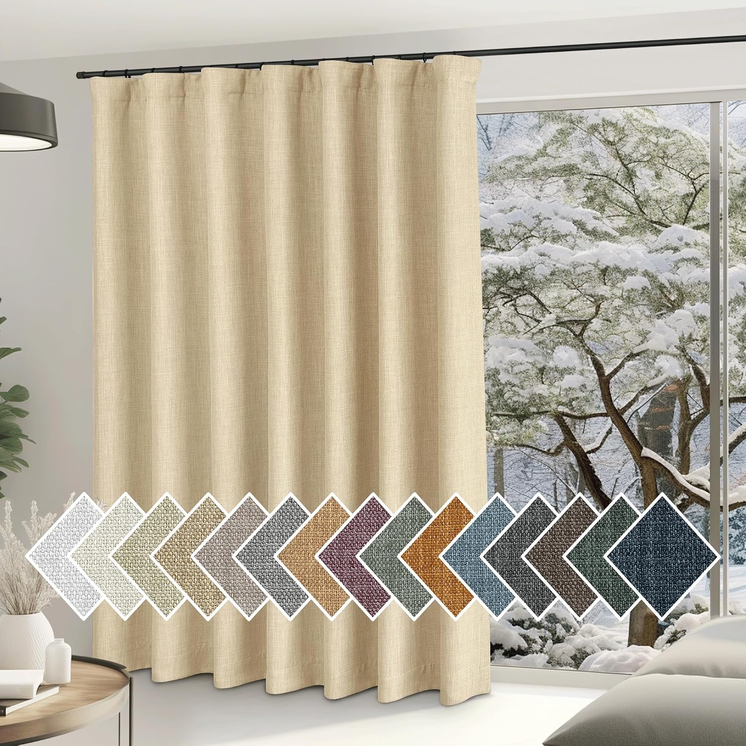 image:imageNICETOWN 2 Panels Faux Linen 100 Blackout Curtains for Living Room Rod PocketBack TabHook Belt Room Darkening Window Treatment with Liner Thermal Curtains for Bedroom Natural W50 x L96Oatmeal