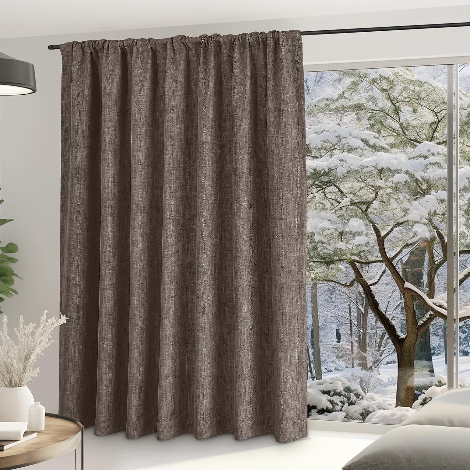 image:imageNICETOWN 2 Panels Faux Linen 100 Blackout Curtains for Living Room Rod PocketBack TabHook Belt Room Darkening Window Treatment with Liner Thermal Curtains for Bedroom Natural W50 x L96Brown