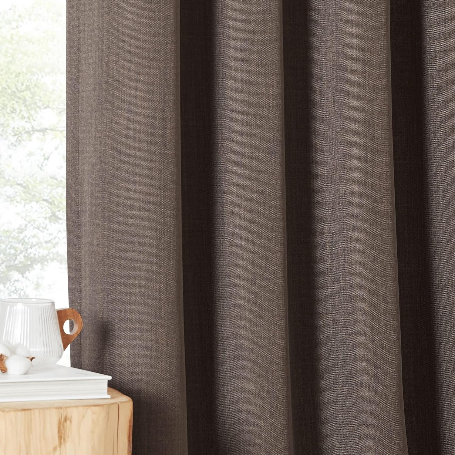 image:imageNICETOWN 2 Panels Faux Linen 100 Blackout Curtains for Living Room Rod PocketBack TabHook Belt Room Darkening Window Treatment with Liner Thermal Curtains for Bedroom Natural W50 x L96Brown