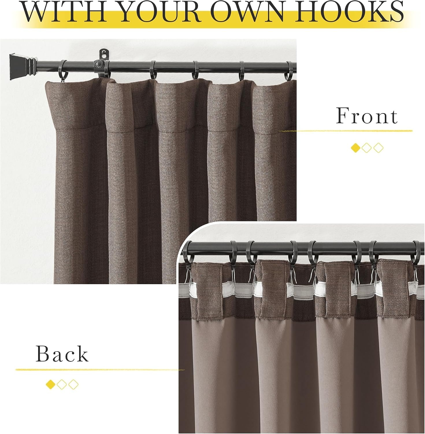 image:imageNICETOWN 2 Panels Faux Linen 100 Blackout Curtains for Living Room Rod PocketBack TabHook Belt Room Darkening Window Treatment with Liner Thermal Curtains for Bedroom Natural W50 x L96Brown