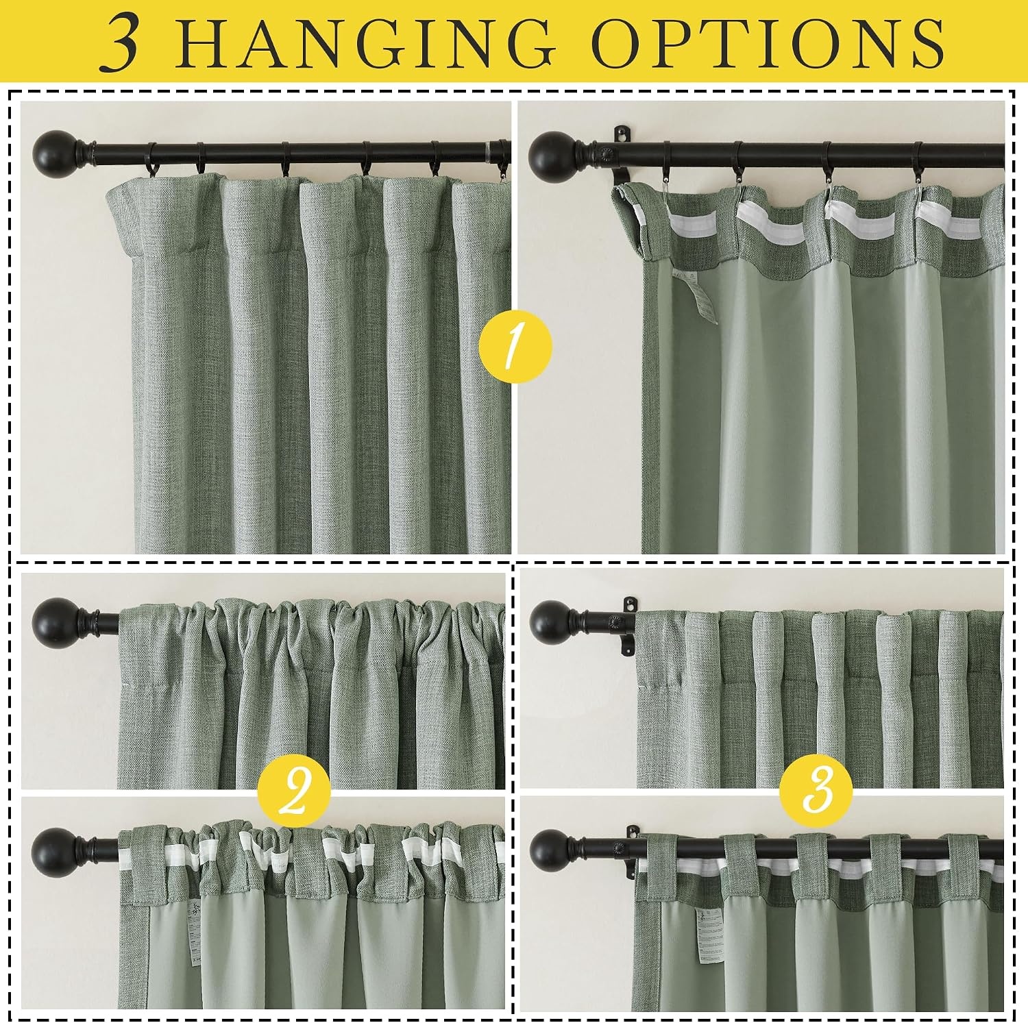image:imageNICETOWN 2 Panels Faux Linen 100 Blackout Curtains for Living Room Rod PocketBack TabHook Belt Room Darkening Window Treatment with Liner Thermal Curtains for Bedroom Natural W50 x L96Sage Green