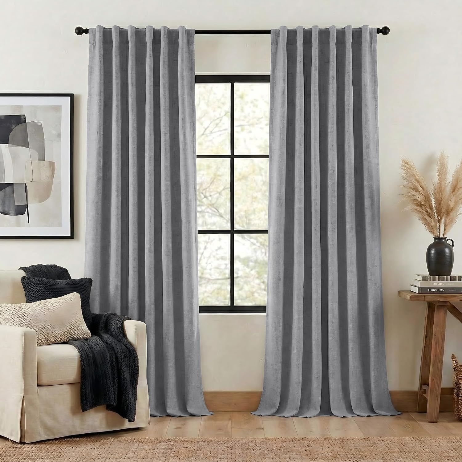 image:imageNICETOWN 2 Panels Faux Linen 100 Blackout Curtains for Living Room Rod PocketBack TabHook Belt Room Darkening Window Treatment with Liner Thermal Curtains for Bedroom Natural W50 x L96Light Grey