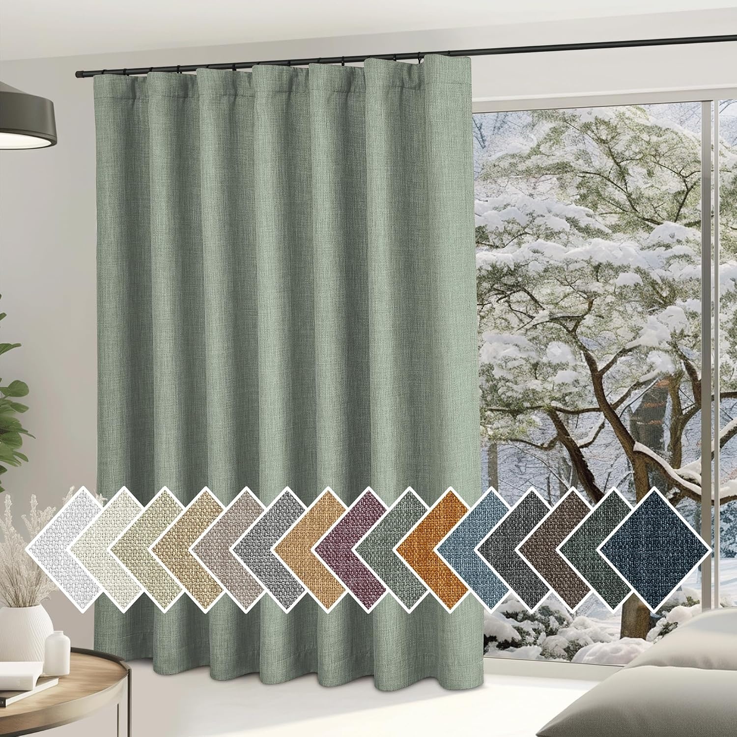 image:imageNICETOWN 2 Panels Faux Linen 100 Blackout Curtains for Living Room Rod PocketBack TabHook Belt Room Darkening Window Treatment with Liner Thermal Curtains for Bedroom Natural W50 x L96Sage Green
