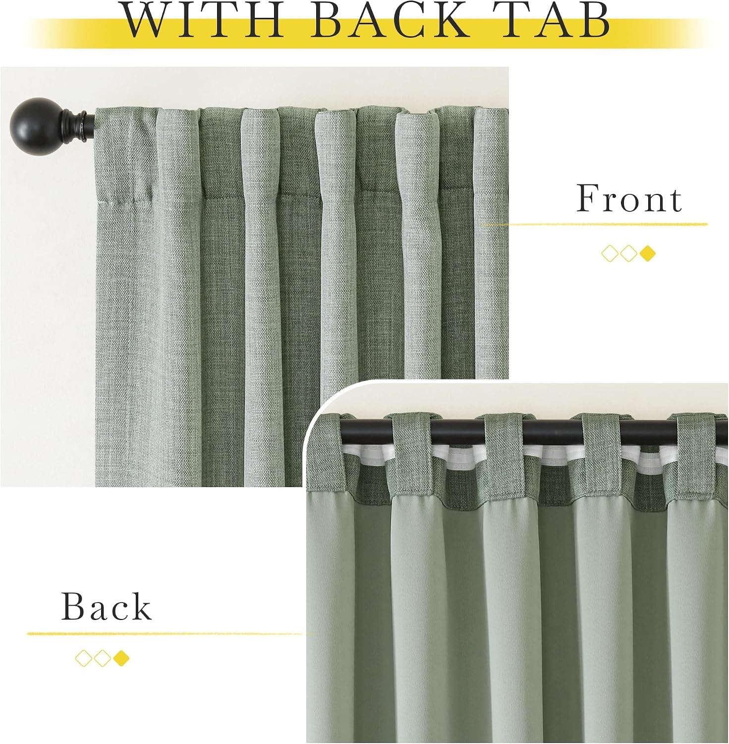 image:imageNICETOWN 2 Panels Faux Linen 100 Blackout Curtains for Living Room Rod PocketBack TabHook Belt Room Darkening Window Treatment with Liner Thermal Curtains for Bedroom Natural W50 x L96Sage Green