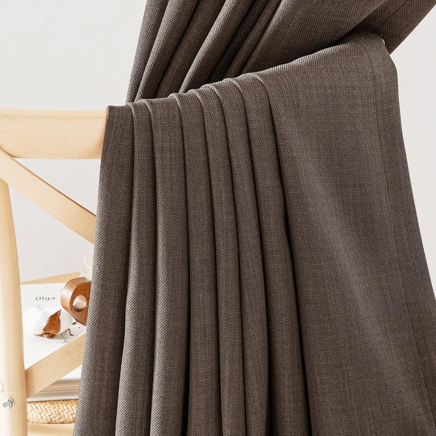 image:imageNICETOWN 2 Panels Faux Linen 100 Blackout Curtains for Living Room Rod PocketBack TabHook Belt Room Darkening Window Treatment with Liner Thermal Curtains for Bedroom Natural W50 x L96Brown
