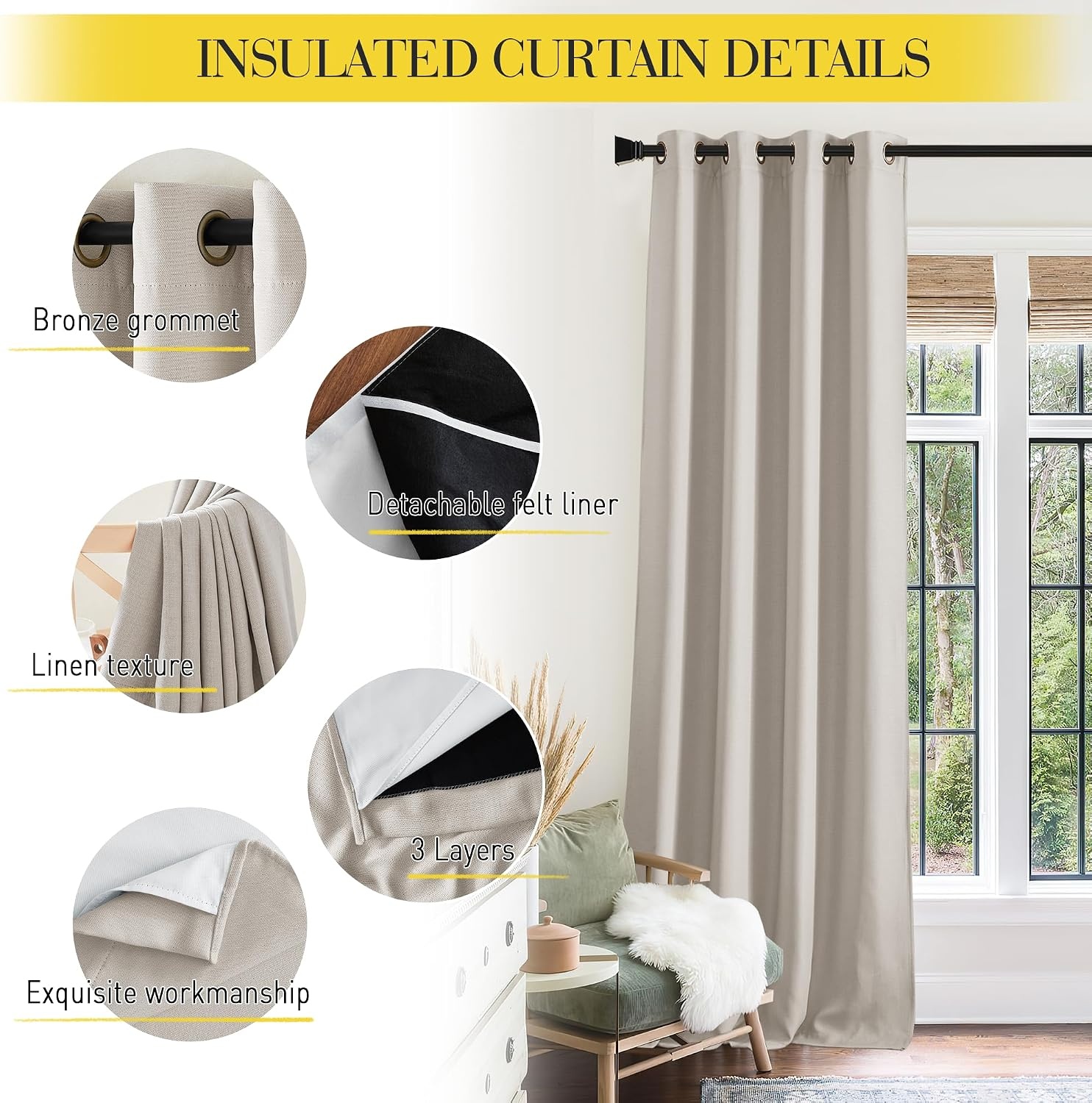 image:imageNICETOWN Sound Barrier 100 Blackout Divider Curtains 84 Noise Heat and Cold Blocking Drapes with Felt Fabric Lining for Noise ReducingNurseryDaytime SleepBedroom White 2 PCs 52 WideGrommet Angora Linen