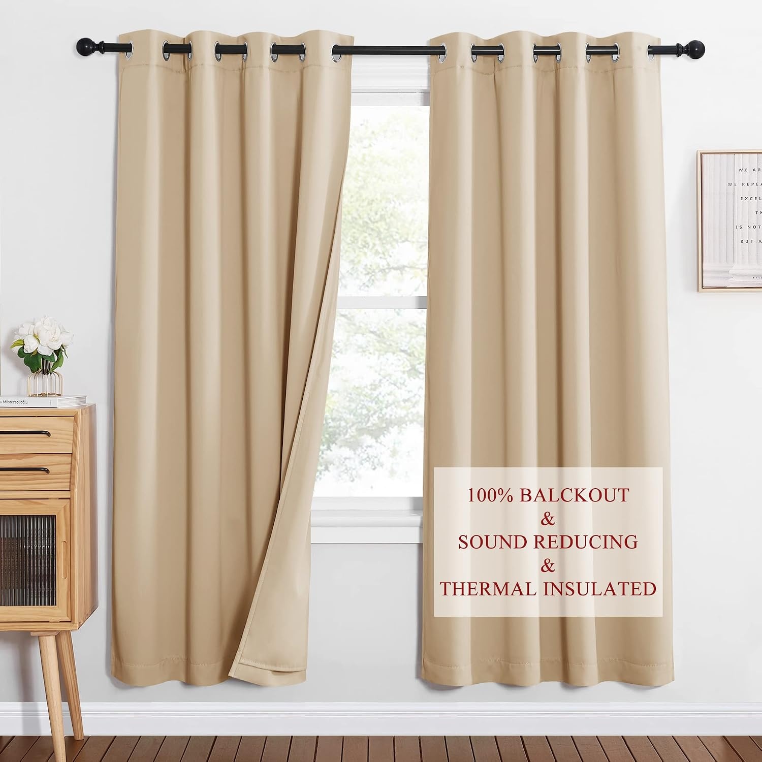 image:imageNICETOWN Sound Barrier 100 Blackout Divider Curtains 84 Noise Heat and Cold Blocking Drapes with Felt Fabric Lining for Noise ReducingNurseryDaytime SleepBedroom White 2 PCs 52 WideBiscotti Beige