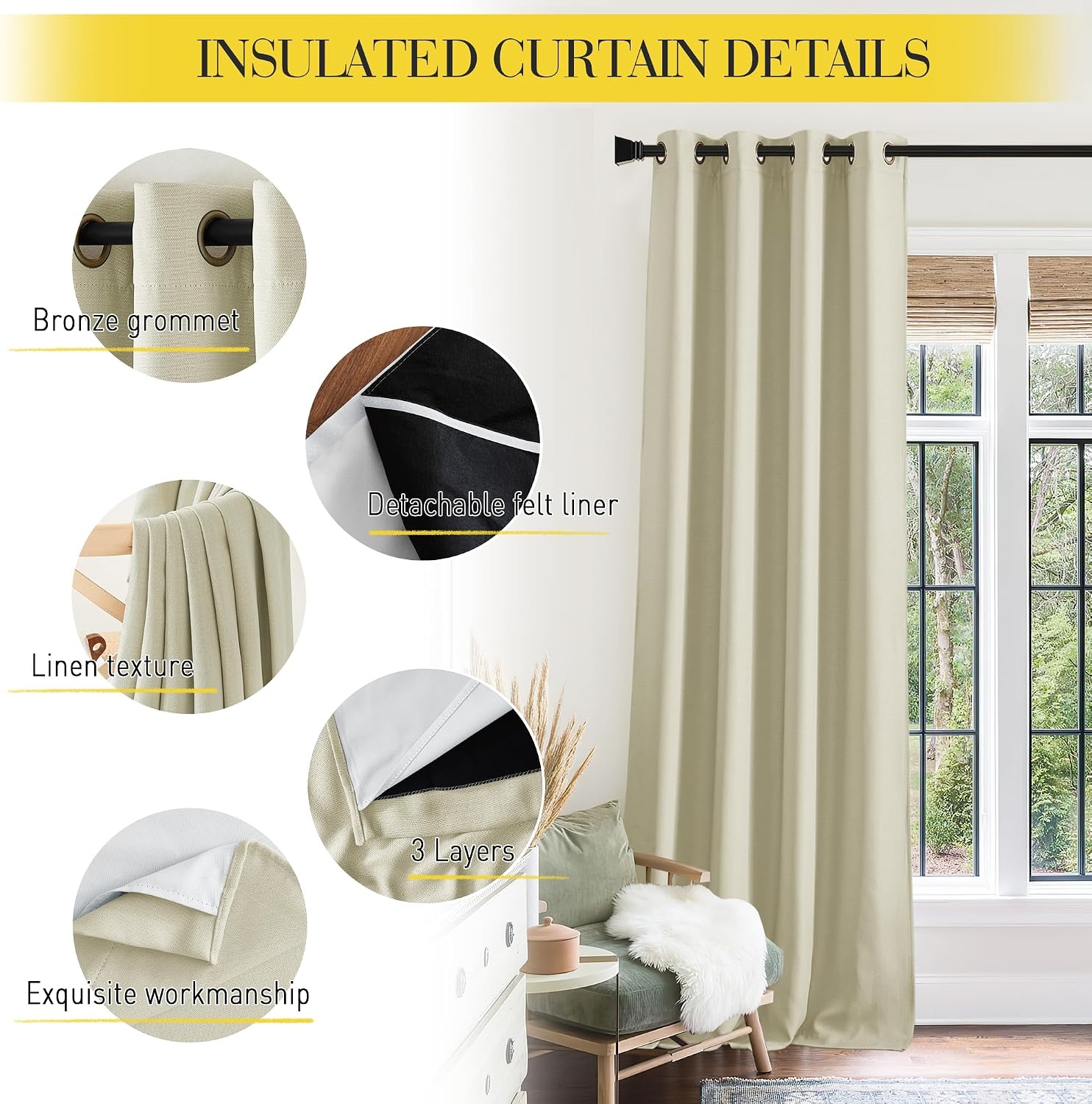 image:imageNICETOWN Sound Barrier 100 Blackout Divider Curtains 84 Noise Heat and Cold Blocking Drapes with Felt Fabric Lining for Noise ReducingNurseryDaytime SleepBedroom White 2 PCs 52 WideGrommet Beige Linen