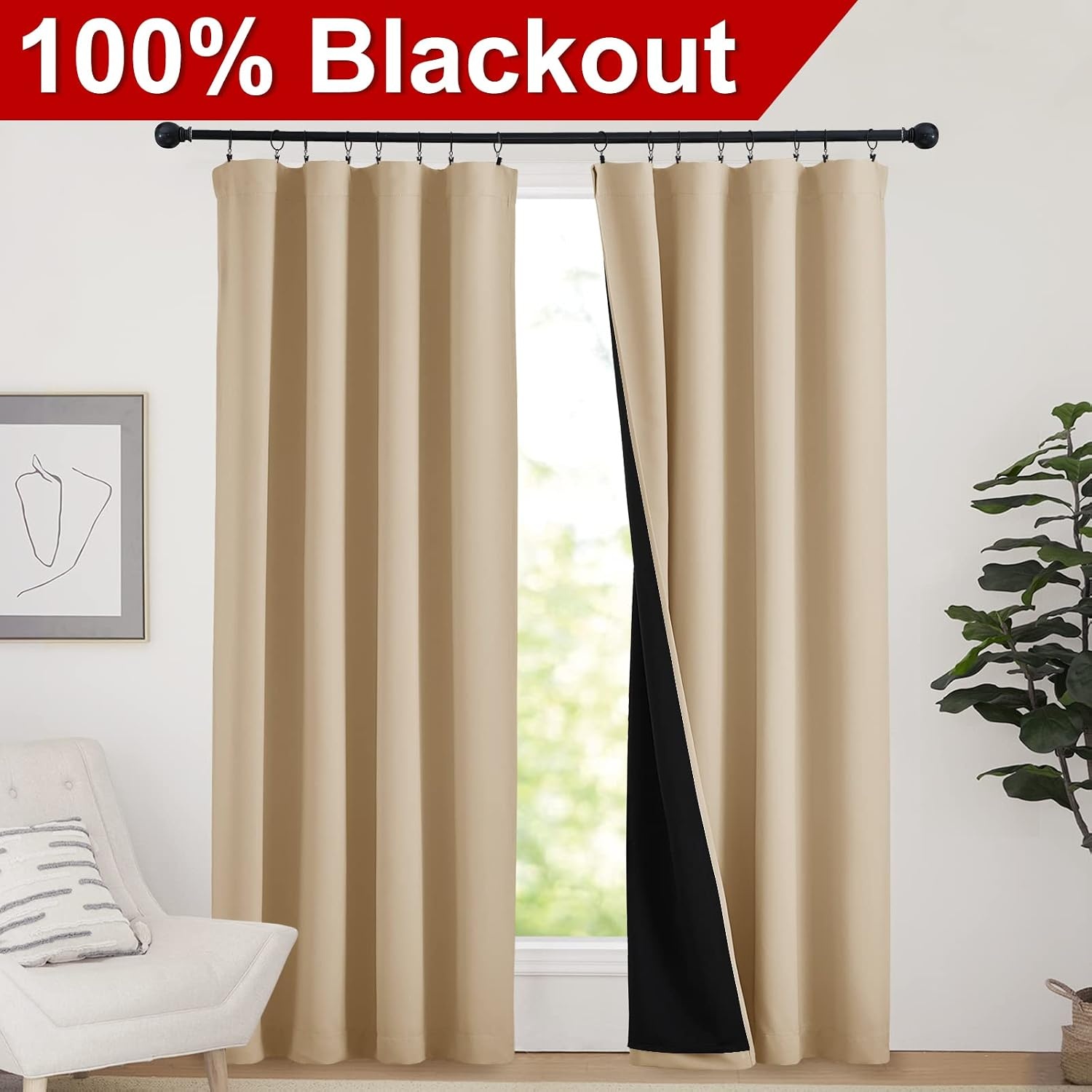 image:imageNICETOWN White Blackout Curtains 52 x 84 inches Long 2 Panels for BedroomBiscotti Beige