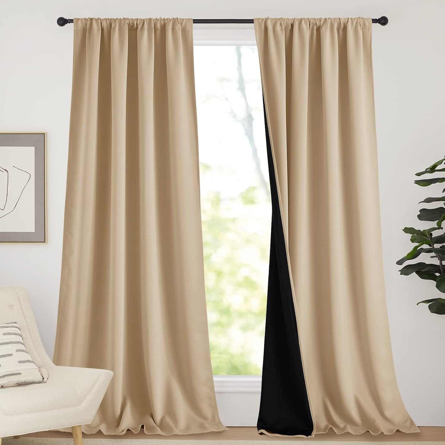image:imageNICETOWN White Blackout Curtains 52 x 84 inches Long 2 Panels for BedroomBiscotti Beige