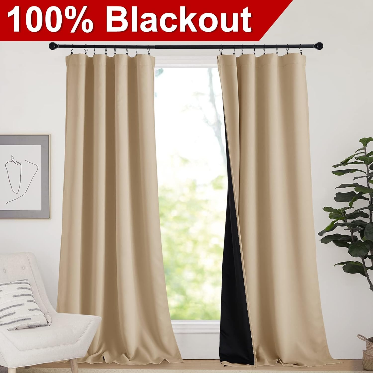 image:imageNICETOWN White Blackout Curtains 52 x 84 inches Long 2 Panels for BedroomBiscotti Beige