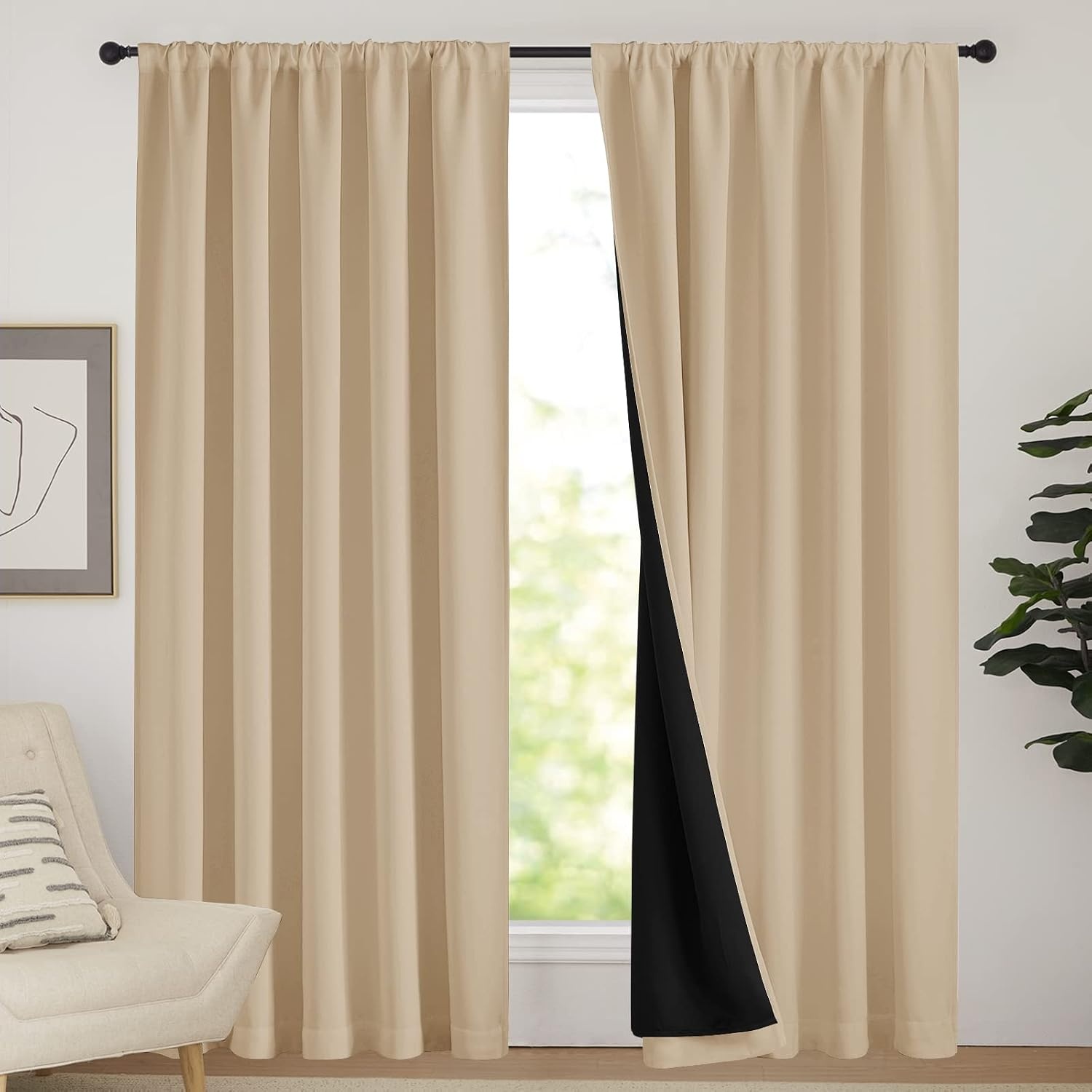 image:imageNICETOWN White Blackout Curtains 52 x 84 inches Long 2 Panels for BedroomBiscotti Beige