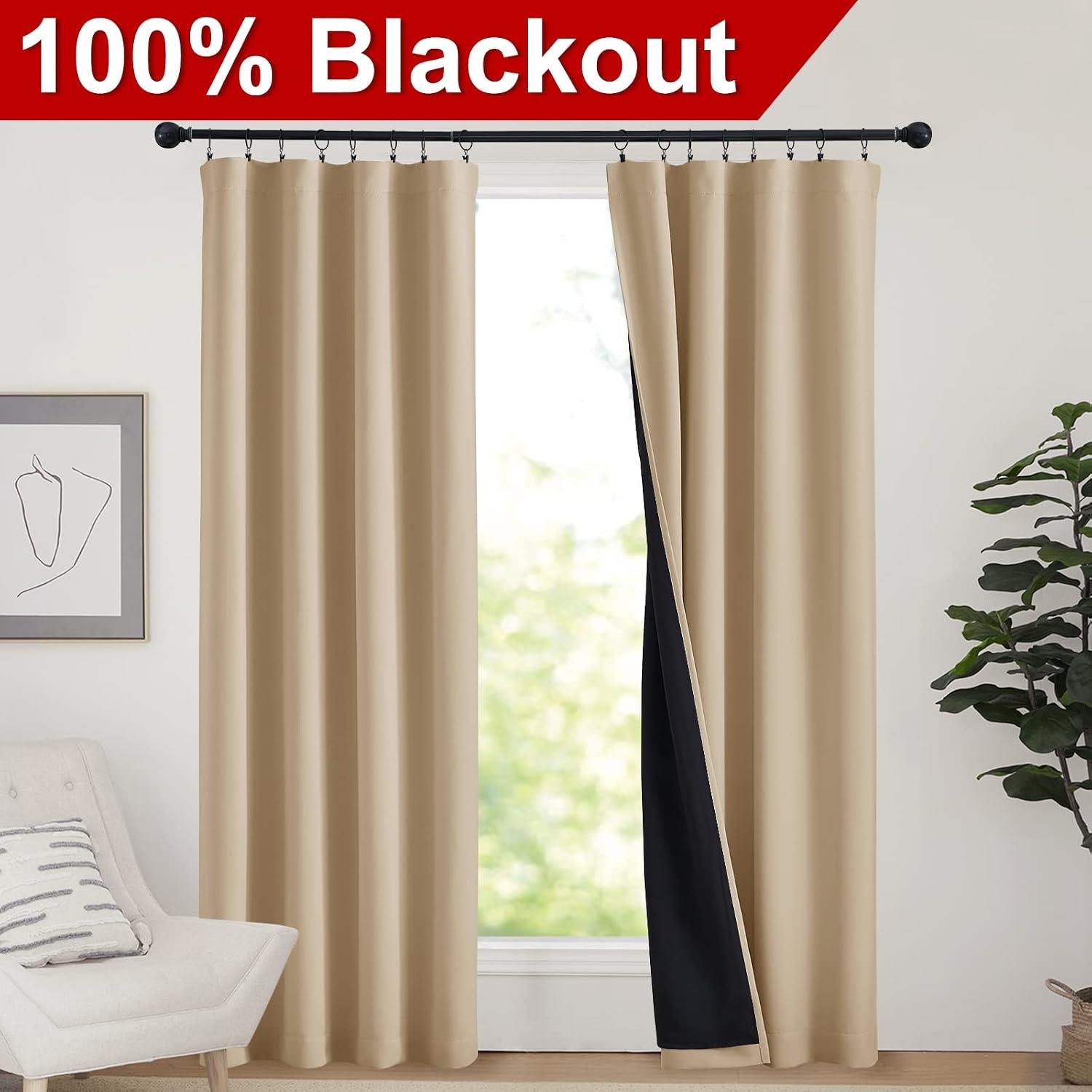 image:imageNICETOWN White Blackout Curtains 52 x 84 inches Long 2 Panels for BedroomBiscotti Beige