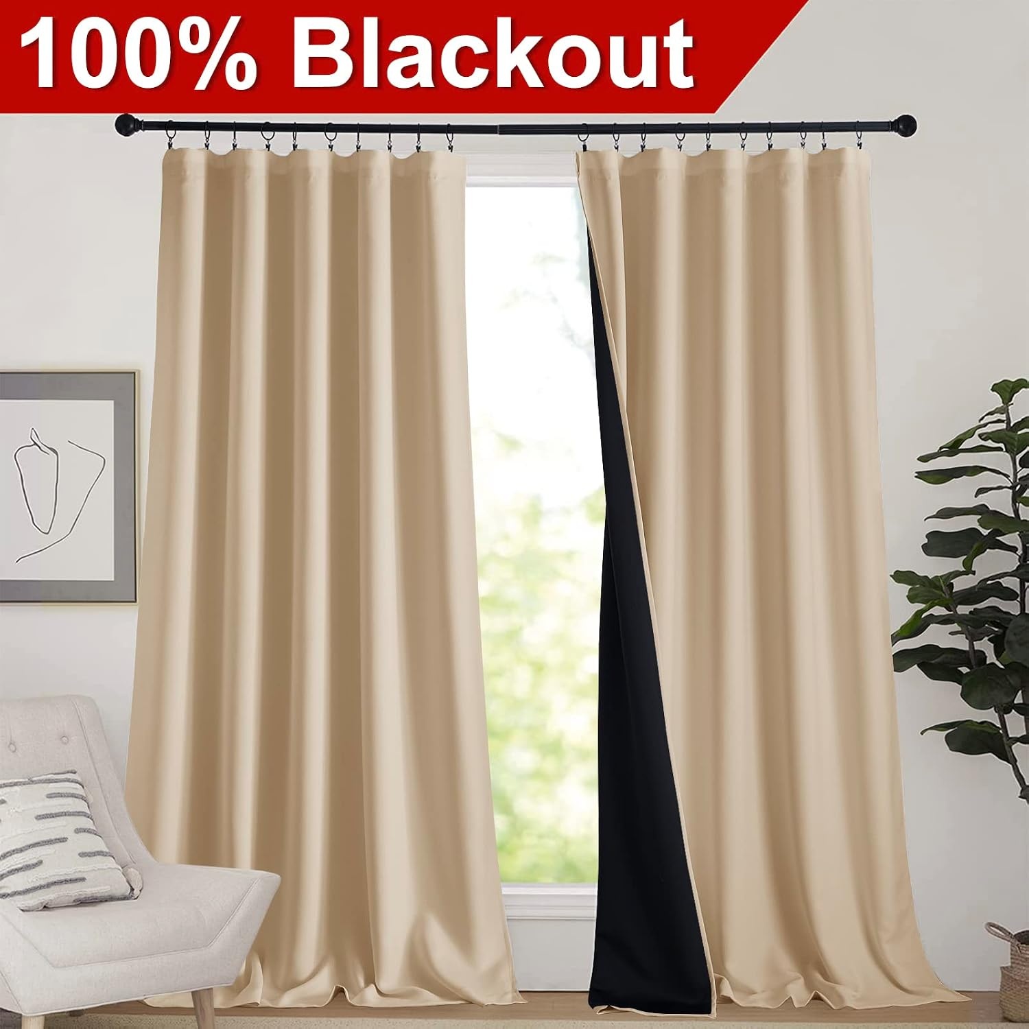 image:imageNICETOWN White Blackout Curtains 52 x 84 inches Long 2 Panels for BedroomBiscotti Beige
