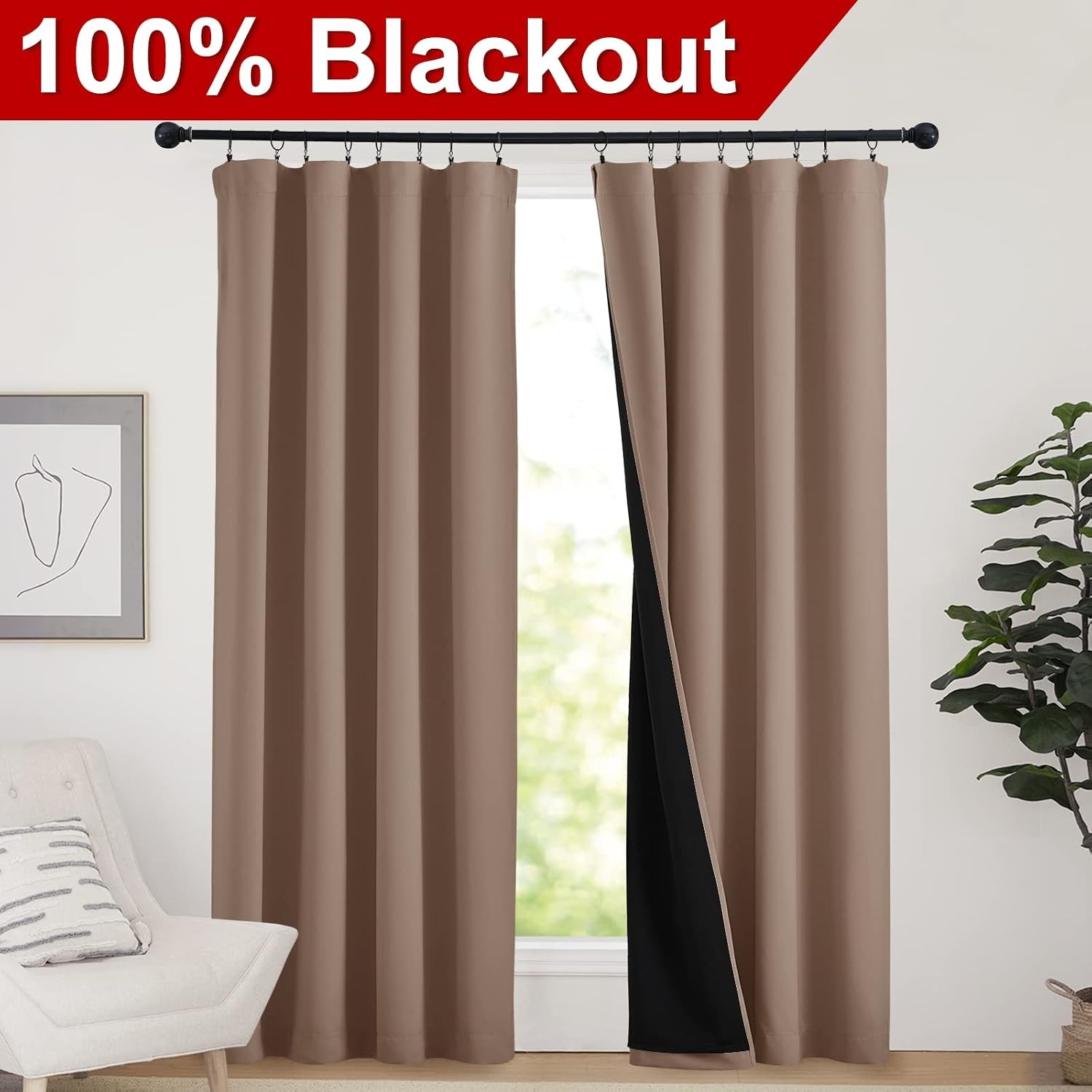 image:imageNICETOWN White Blackout Curtains 52 x 84 inches Long 2 Panels for BedroomCappuccino