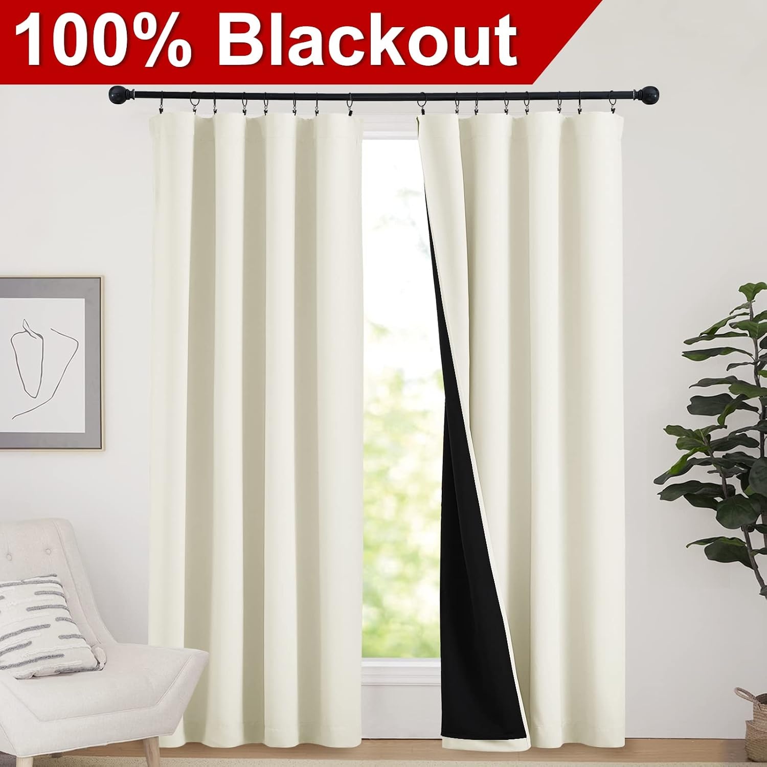 image:imageNICETOWN White Blackout Curtains 52 x 84 inches Long 2 Panels for BedroomCream Beige