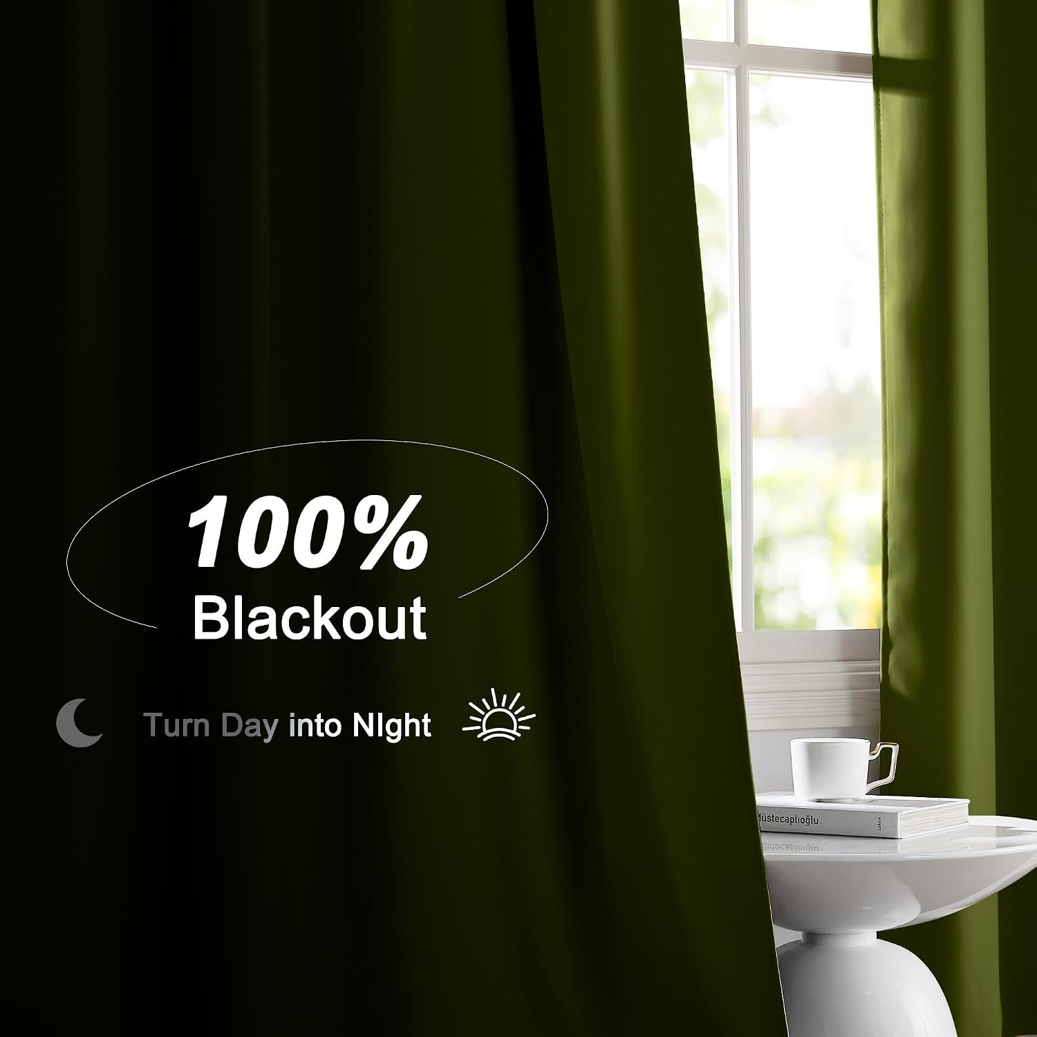 image:imageNICETOWN White Blackout Curtains 52 x 84 inches Long 2 Panels for BedroomOlive Green