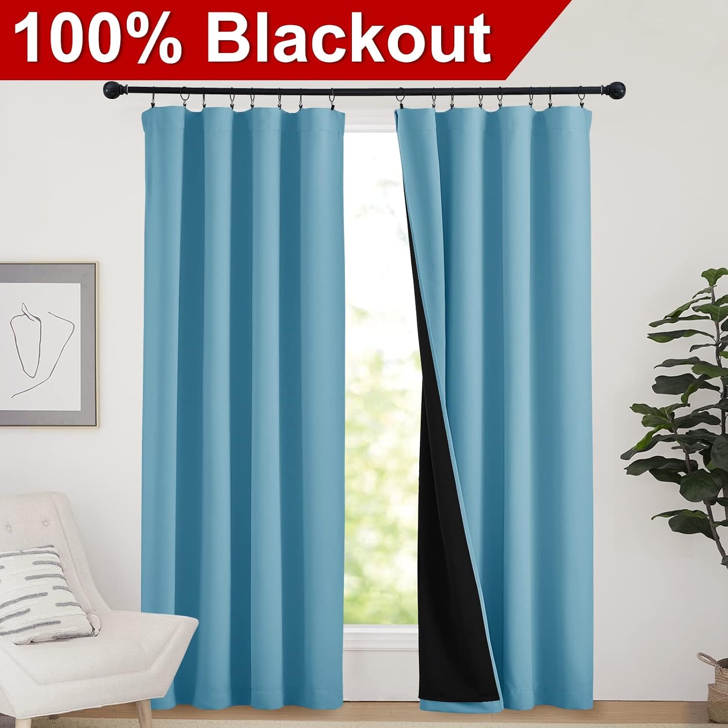 image:imageNICETOWN White Blackout Curtains 52 x 84 inches Long 2 Panels for BedroomTeal Blue