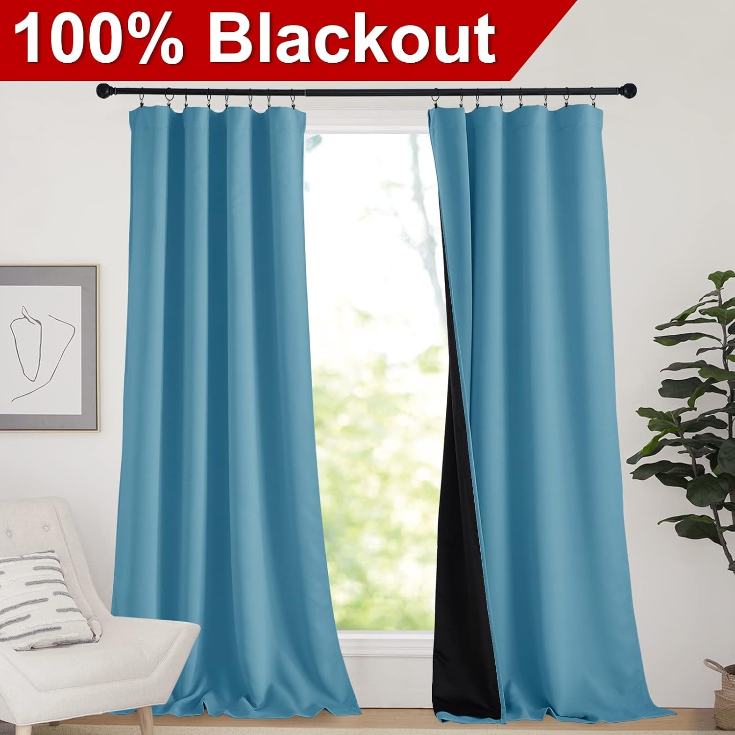 image:imageNICETOWN White Blackout Curtains 52 x 84 inches Long 2 Panels for BedroomTeal Blue