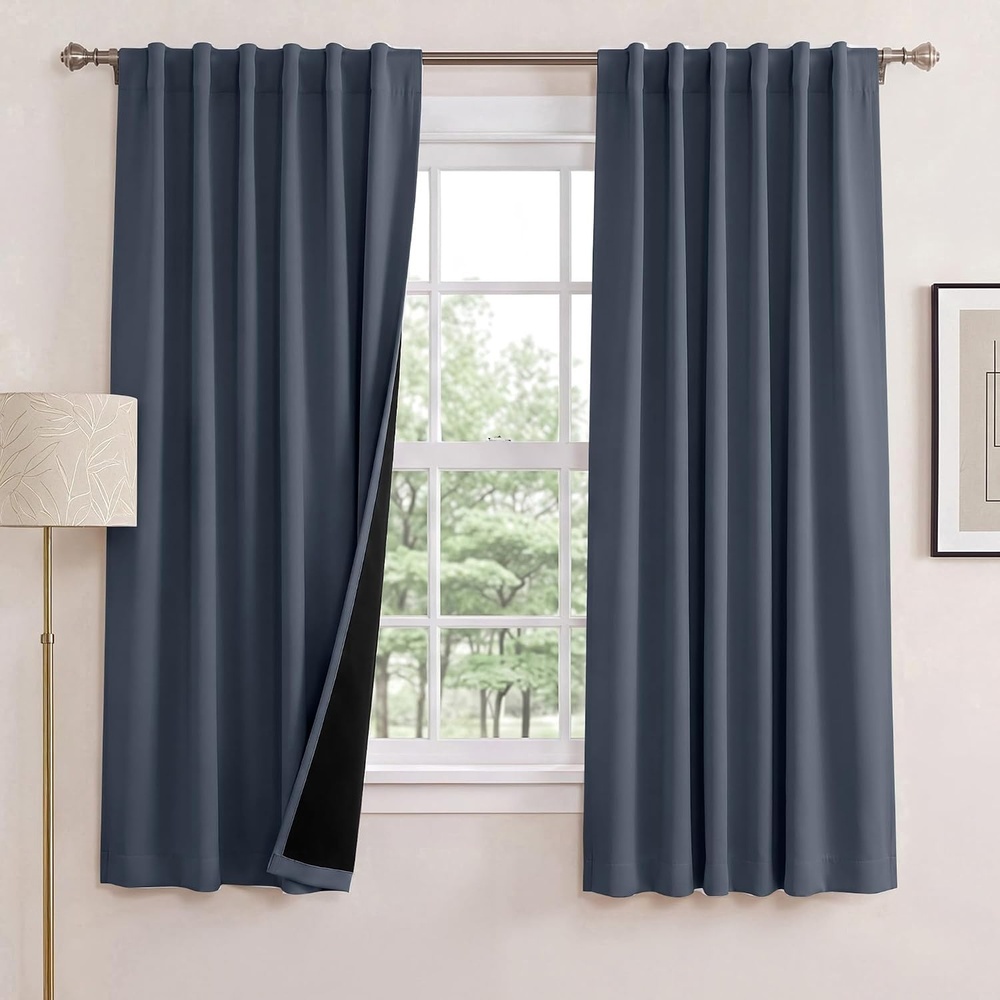 image:imageNICETOWN 100 Blackout Window Curtain Panels Cold and Full Light Blocking Drapes with Black Liner for Nursery 84 Inches Drop Thermal Insulated Draperies Pure White 2 Pieces 52 inches WideStone Blue