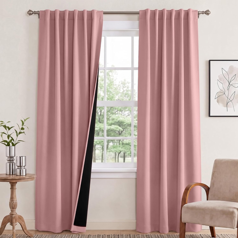 image:imageNICETOWN 100 Blackout Window Curtain Panels Cold and Full Light Blocking Drapes with Black Liner for Nursery 84 Inches Drop Thermal Insulated Draperies Pure White 2 Pieces 52 inches WideCrystal Pink