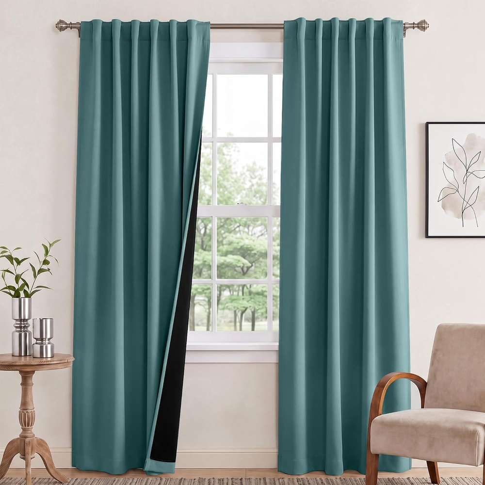 image:imageNICETOWN 100 Blackout Window Curtain Panels Cold and Full Light Blocking Drapes with Black Liner for Nursery 84 Inches Drop Thermal Insulated Draperies Pure White 2 Pieces 52 inches WideGreyish Blue