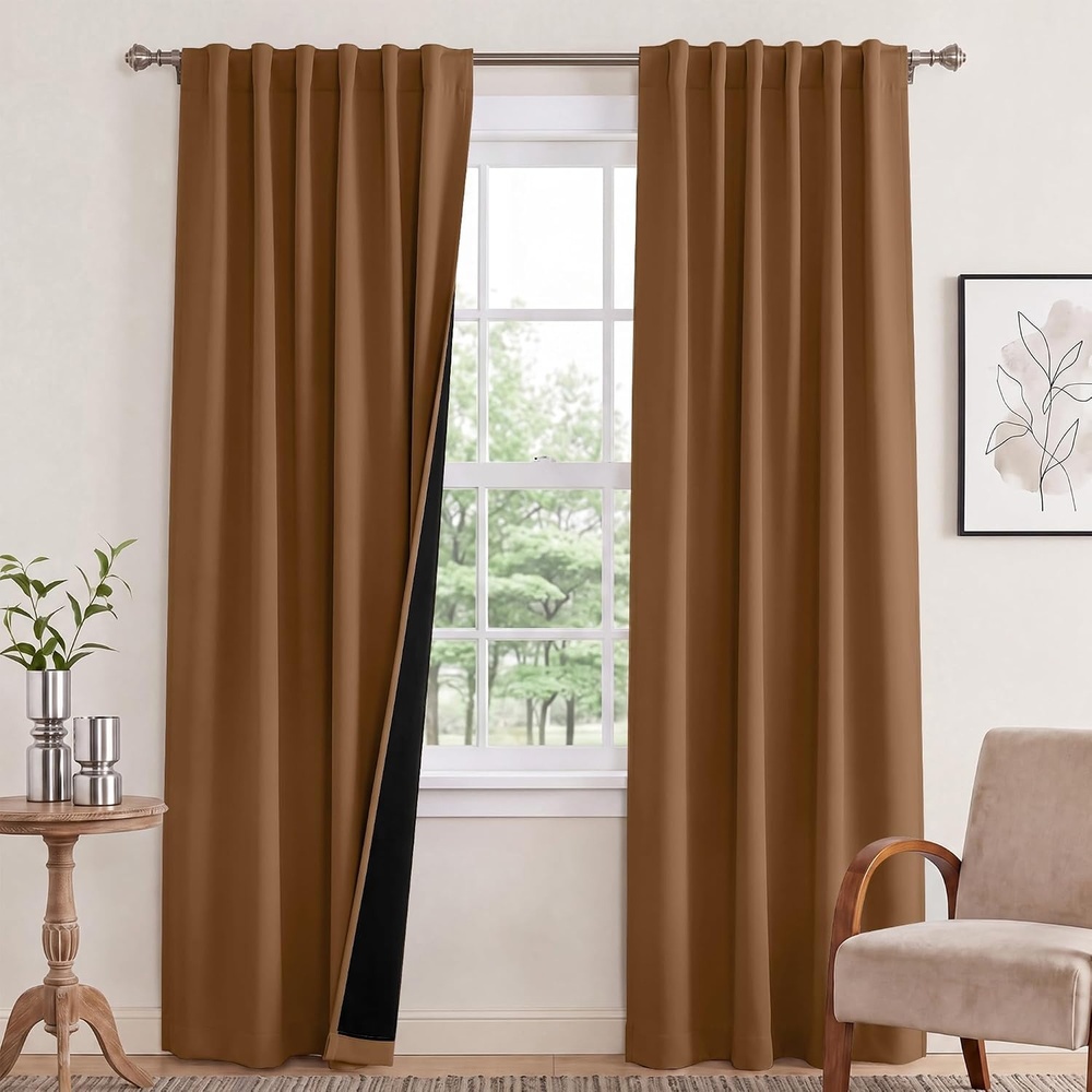 image:imageNICETOWN 100 Blackout Window Curtain Panels Cold and Full Light Blocking Drapes with Black Liner for Nursery 84 Inches Drop Thermal Insulated Draperies Pure White 2 Pieces 52 inches WideGold Brown