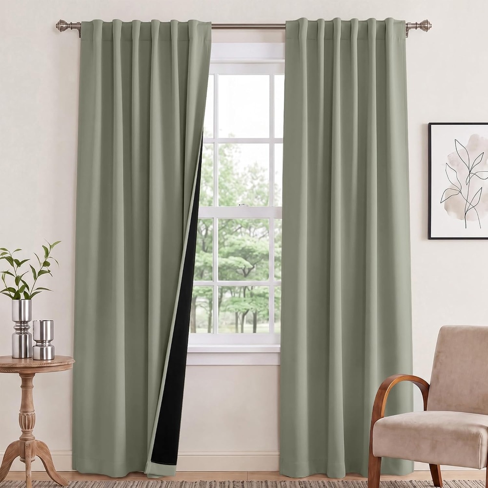 image:imageNICETOWN 100 Blackout Window Curtain Panels Cold and Full Light Blocking Drapes with Black Liner for Nursery 84 Inches Drop Thermal Insulated Draperies Pure White 2 Pieces 52 inches WideGreyish Green