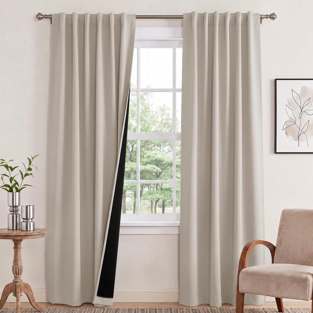 image:imageNICETOWN 100 Blackout Window Curtain Panels Cold and Full Light Blocking Drapes with Black Liner for Nursery 84 Inches Drop Thermal Insulated Draperies Pure White 2 Pieces 52 inches WideNatural