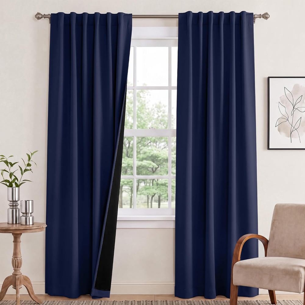 image:imageNICETOWN 100 Blackout Window Curtain Panels Cold and Full Light Blocking Drapes with Black Liner for Nursery 84 Inches Drop Thermal Insulated Draperies Pure White 2 Pieces 52 inches WideNavy Blue