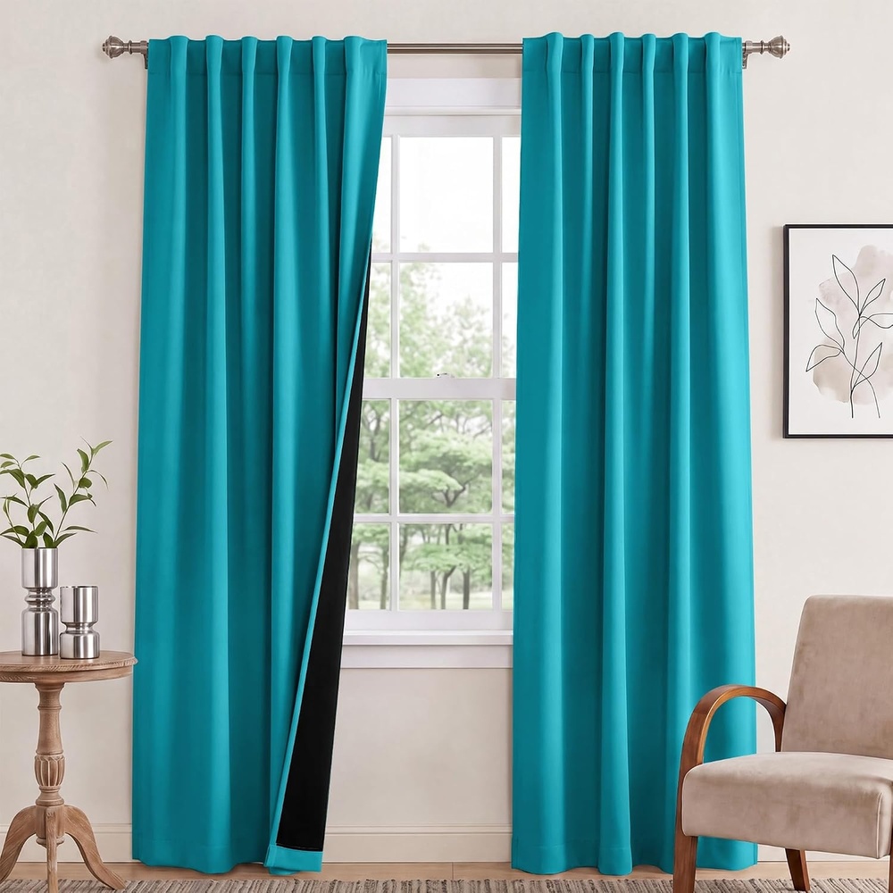 image:imageNICETOWN 100 Blackout Window Curtain Panels Cold and Full Light Blocking Drapes with Black Liner for Nursery 84 Inches Drop Thermal Insulated Draperies Pure White 2 Pieces 52 inches WidePeacock Teal