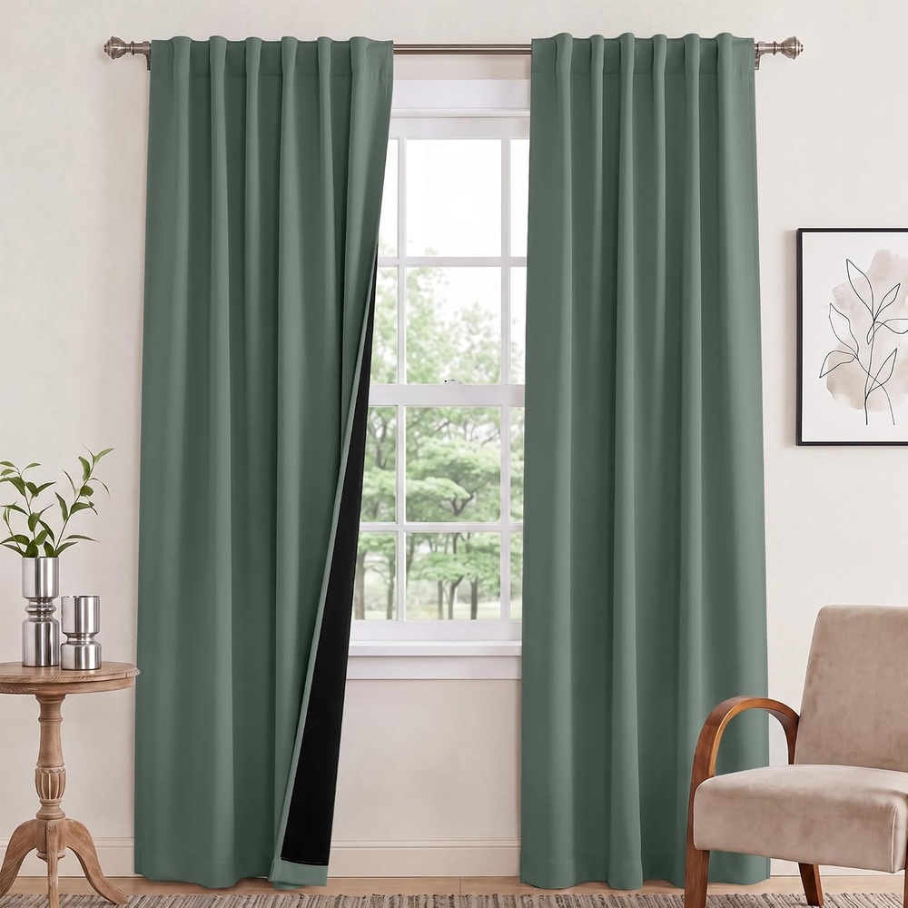 image:imageNICETOWN 100 Blackout Window Curtain Panels Cold and Full Light Blocking Drapes with Black Liner for Nursery 84 Inches Drop Thermal Insulated Draperies Pure White 2 Pieces 52 inches WideDark Mallard