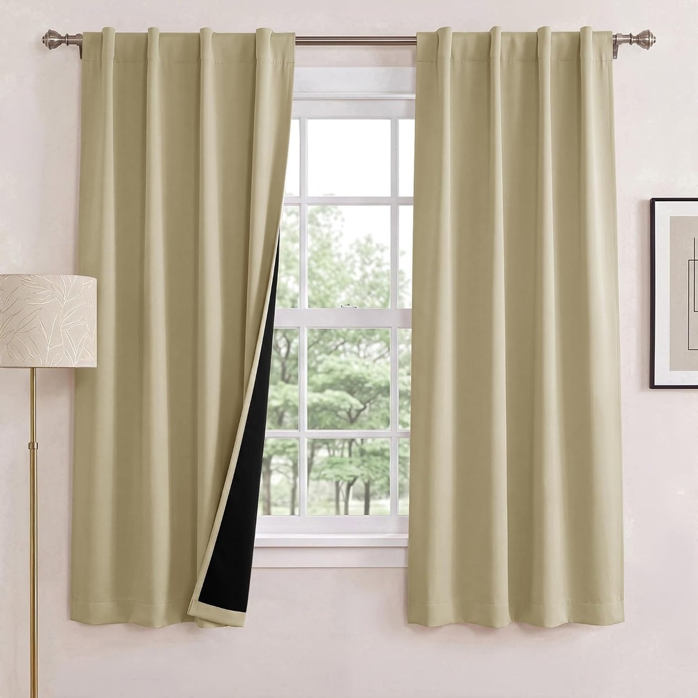 image:imageNICETOWN 100 Blackout Window Curtain Panels Cold and Full Light Blocking Drapes with Black Liner for Nursery 84 Inches Drop Thermal Insulated Draperies Pure White 2 Pieces 52 inches WideWarm Beige