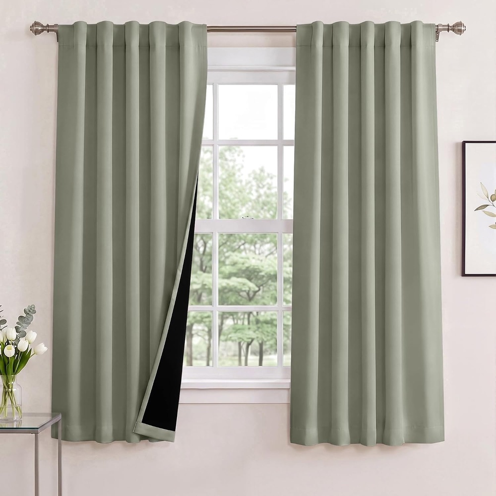image:imageNICETOWN 100 Blackout Window Curtain Panels Cold and Full Light Blocking Drapes with Black Liner for Nursery 84 Inches Drop Thermal Insulated Draperies Pure White 2 Pieces 52 inches WideSage Green