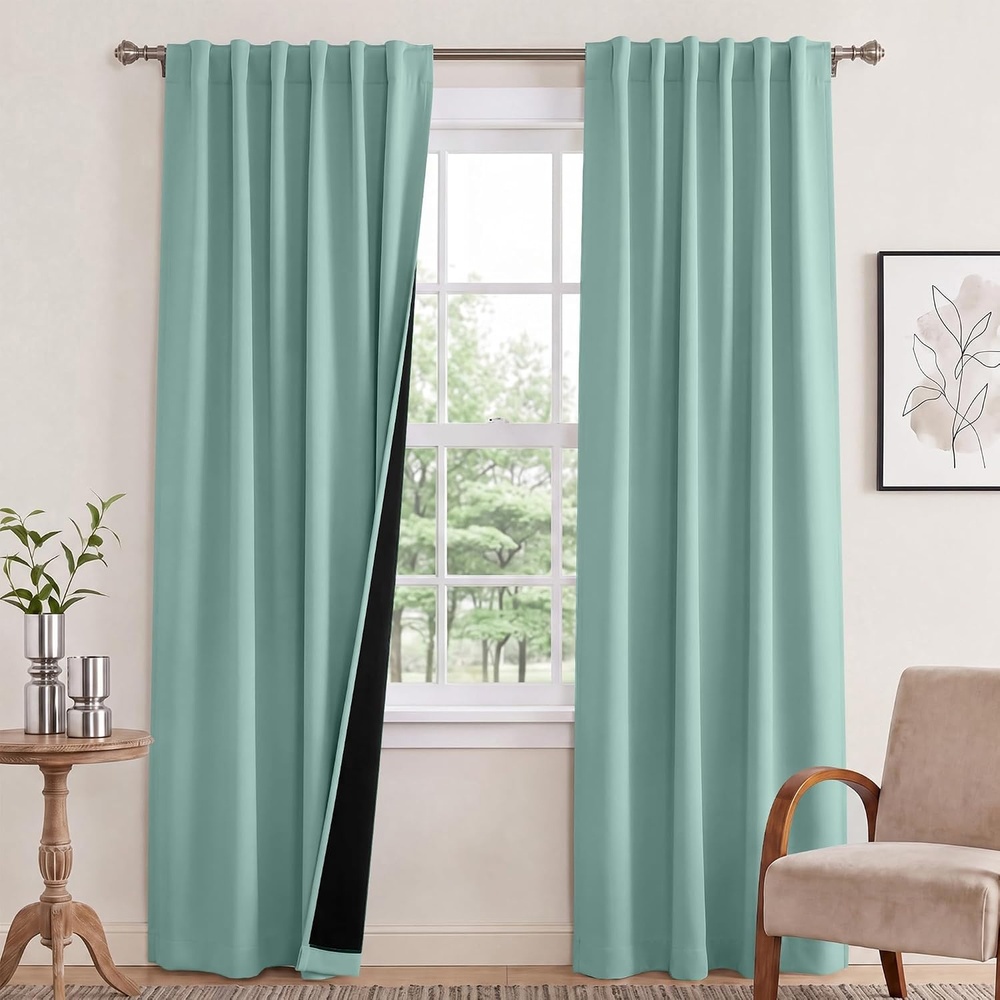 image:imageNICETOWN 100 Blackout Window Curtain Panels Cold and Full Light Blocking Drapes with Black Liner for Nursery 84 Inches Drop Thermal Insulated Draperies Pure White 2 Pieces 52 inches WideAqua Blue
