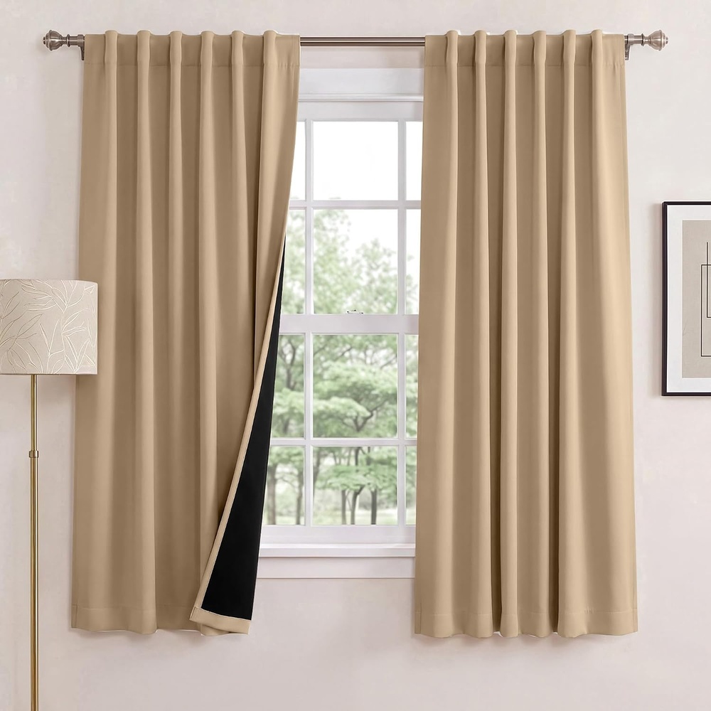 image:imageNICETOWN 100 Blackout Window Curtain Panels Cold and Full Light Blocking Drapes with Black Liner for Nursery 84 Inches Drop Thermal Insulated Draperies Pure White 2 Pieces 52 inches WideBiscotti Beige
