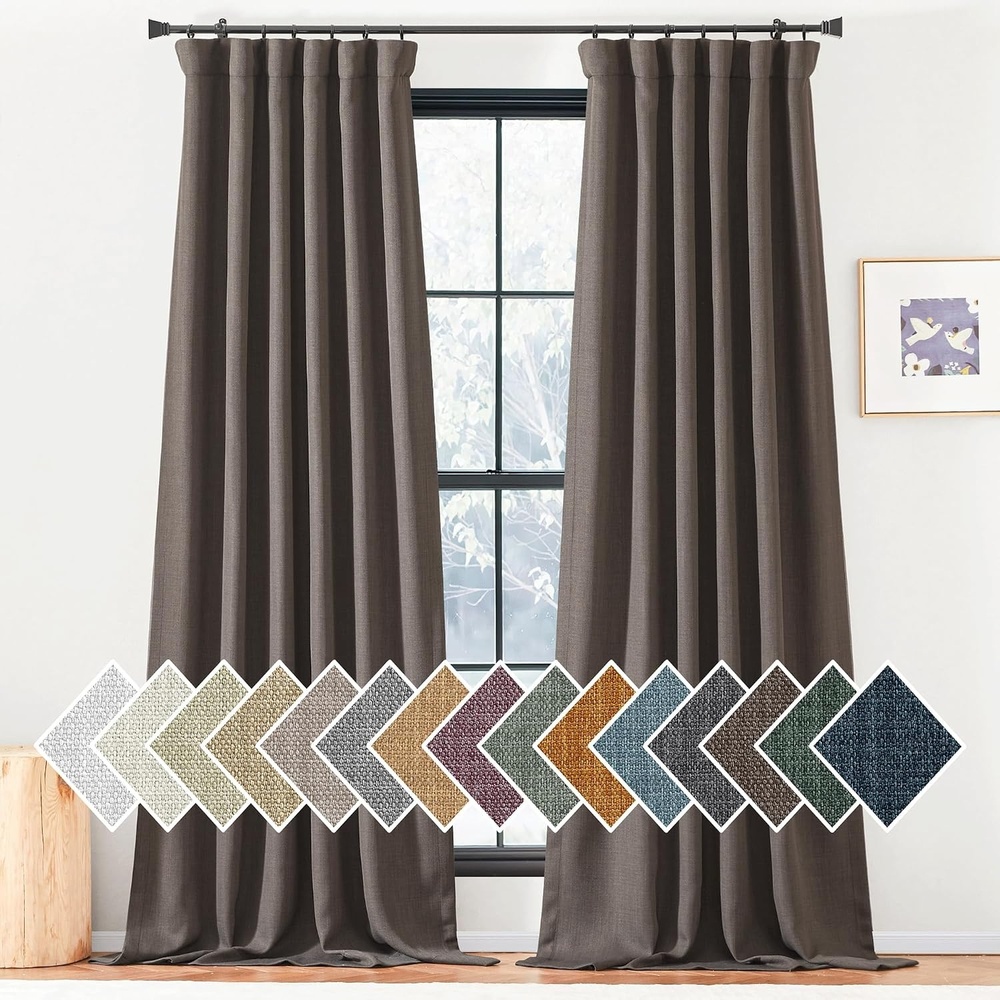 image:imageNICETOWN 2 Panels Faux Linen 100 Blackout Curtains for Living Room Rod PocketBack TabHook Belt Room Darkening Window Treatment with Liner Thermal Curtains for Bedroom Natural W50 x L96Brown