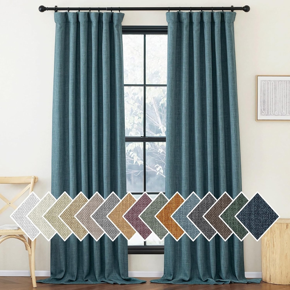 image:imageNICETOWN 2 Panels Faux Linen 100 Blackout Curtains for Living Room Rod PocketBack TabHook Belt Room Darkening Window Treatment with Liner Thermal Curtains for Bedroom Natural W50 x L96Greyish Blue
