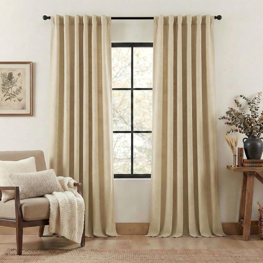 image:imageNICETOWN 2 Panels Faux Linen 100 Blackout Curtains for Living Room Rod PocketBack TabHook Belt Room Darkening Window Treatment with Liner Thermal Curtains for Bedroom Natural W50 x L96Oatmeal