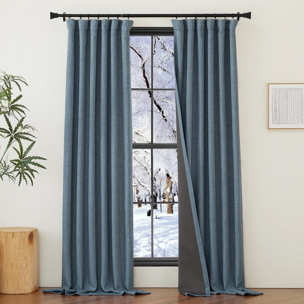image:imageNICETOWN 2 Panels Faux Linen 100 Blackout Curtains for Living Room Rod PocketBack TabHook Belt Room Darkening Window Treatment with Liner Thermal Curtains for Bedroom Natural W50 x L96100 Blackout Mist Blue