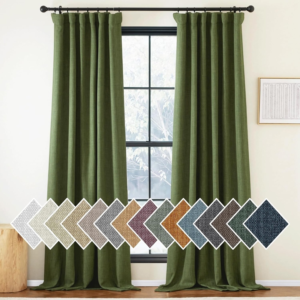 image:imageNICETOWN 2 Panels Faux Linen 100 Blackout Curtains for Living Room Rod PocketBack TabHook Belt Room Darkening Window Treatment with Liner Thermal Curtains for Bedroom Natural W50 x L96Forest Green