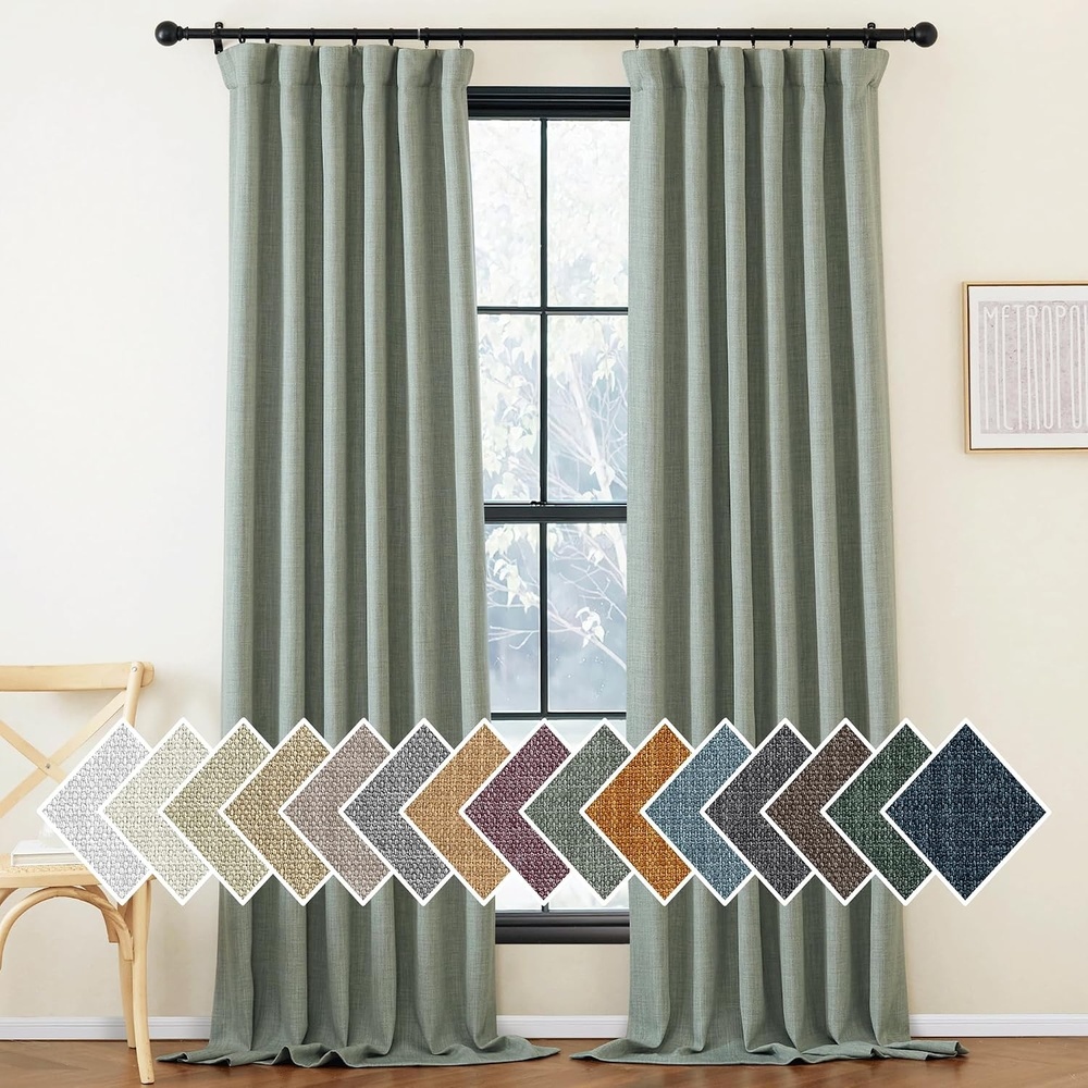 image:imageNICETOWN 2 Panels Faux Linen 100 Blackout Curtains for Living Room Rod PocketBack TabHook Belt Room Darkening Window Treatment with Liner Thermal Curtains for Bedroom Natural W50 x L96Sage Green
