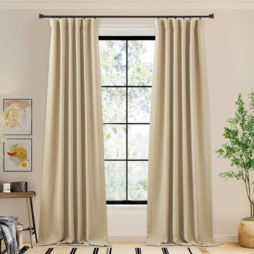 image:imageNICETOWN 2 Panels Faux Linen 100 Blackout Curtains for Living Room Rod PocketBack TabHook Belt Room Darkening Window Treatment with Liner Thermal Curtains for Bedroom Natural W50 x L96Hook Belt Oatmeal