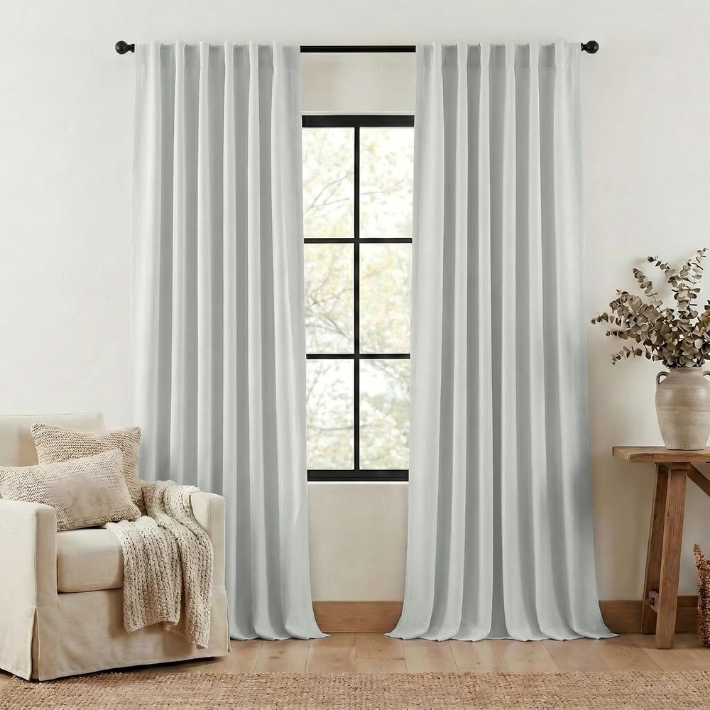 image:imageNICETOWN 2 Panels Faux Linen 100 Blackout Curtains for Living Room Rod PocketBack TabHook Belt Room Darkening Window Treatment with Liner Thermal Curtains for Bedroom Natural W50 x L96Greyish White