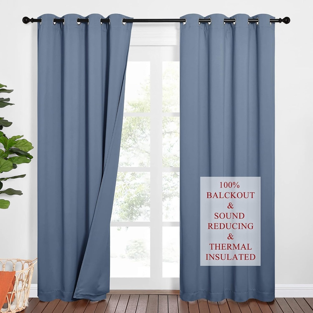 image:imageNICETOWN Sound Barrier 100 Blackout Divider Curtains 84 Noise Heat and Cold Blocking Drapes with Felt Fabric Lining for Noise ReducingNurseryDaytime SleepBedroom White 2 PCs 52 WideStone Blue